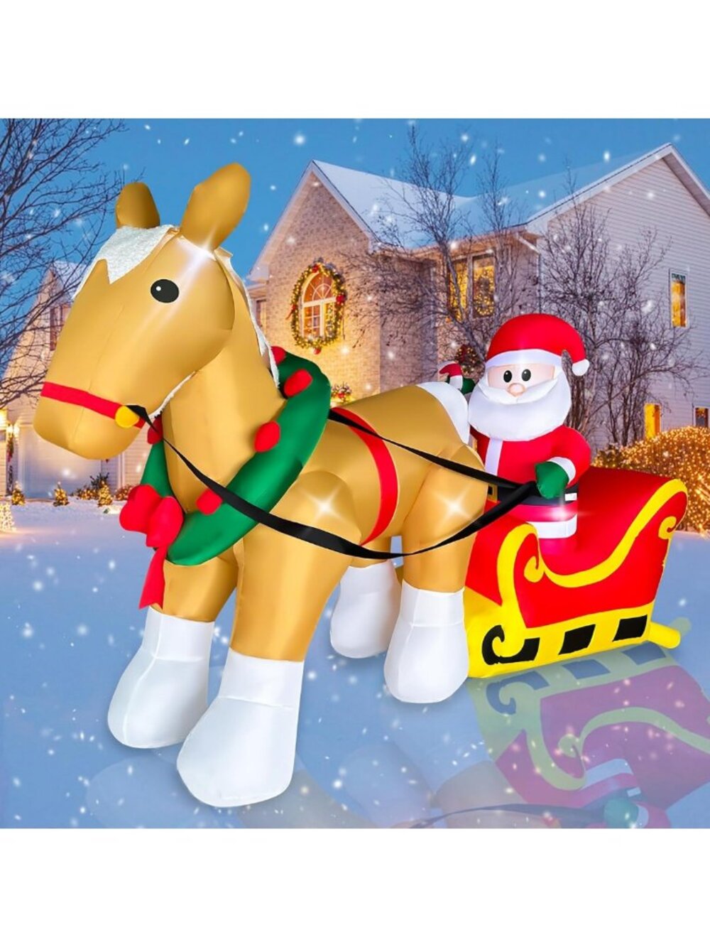7FT Inflatable Santa Sleigh with Horse - LED Christmas Yard Decor for